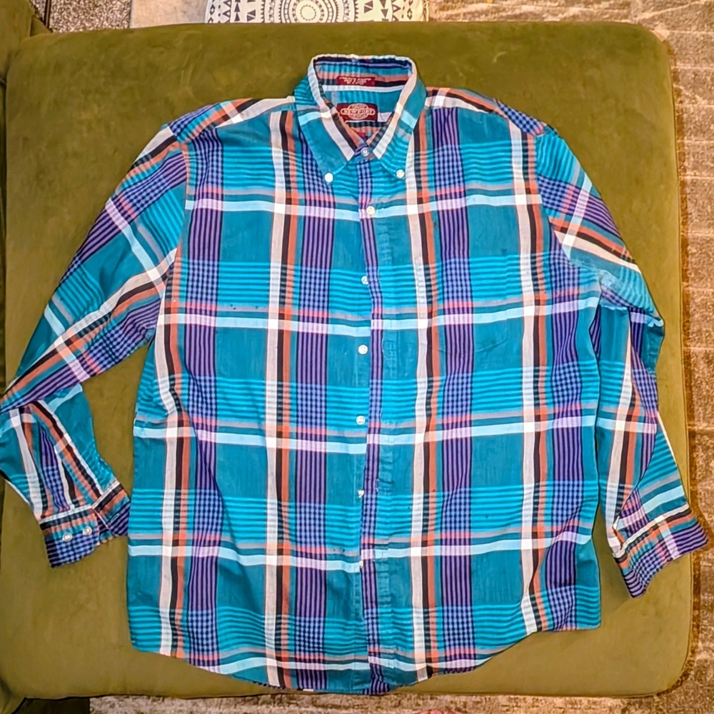 90s Vintage Men's Turquoise and Purple Plaid Shirt